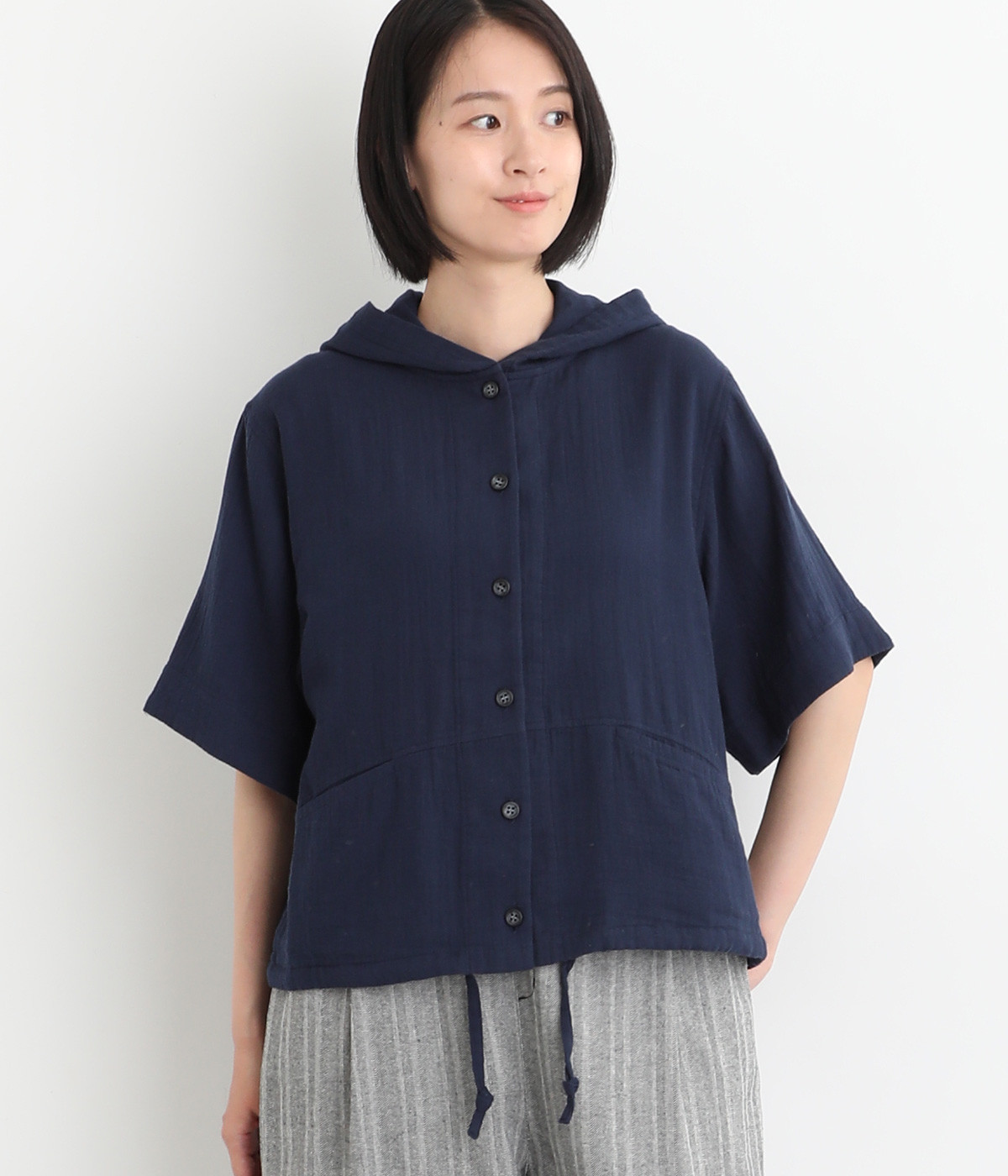 コットンガーゼ　シャツパーカ(ネイビー-ONESIZE)