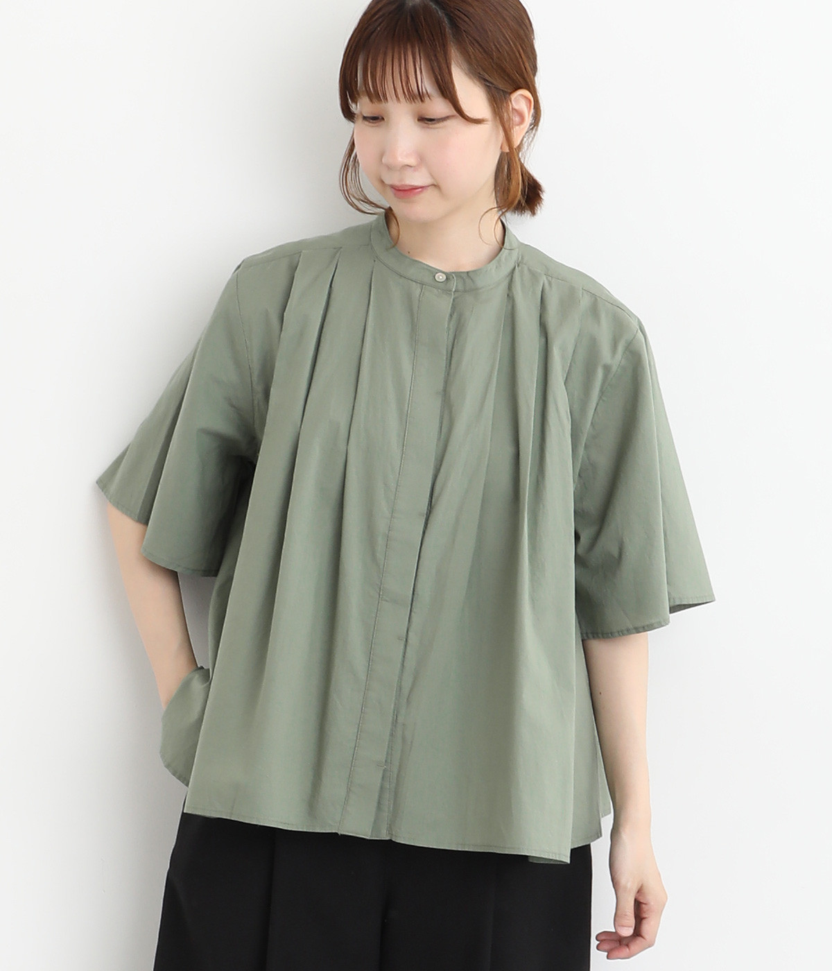 コットンローン　タックブラウス(グリーン-ONESIZE)