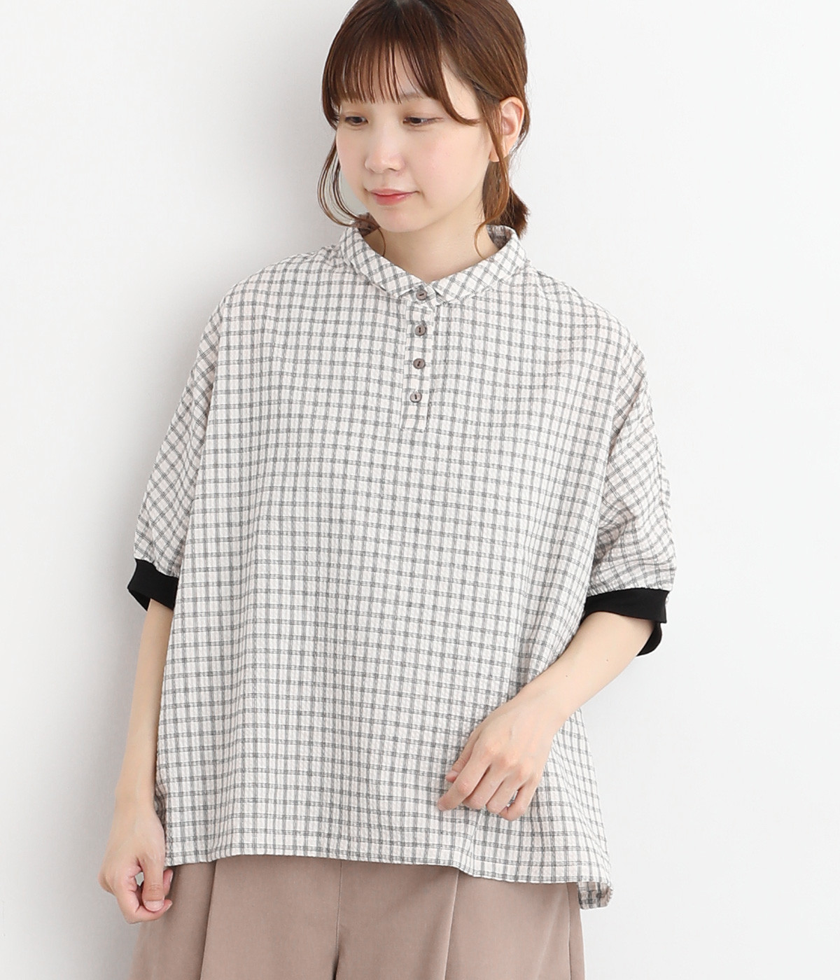 コットン混サッカーチェックブラウス(オフホワイト-ONESIZE)
