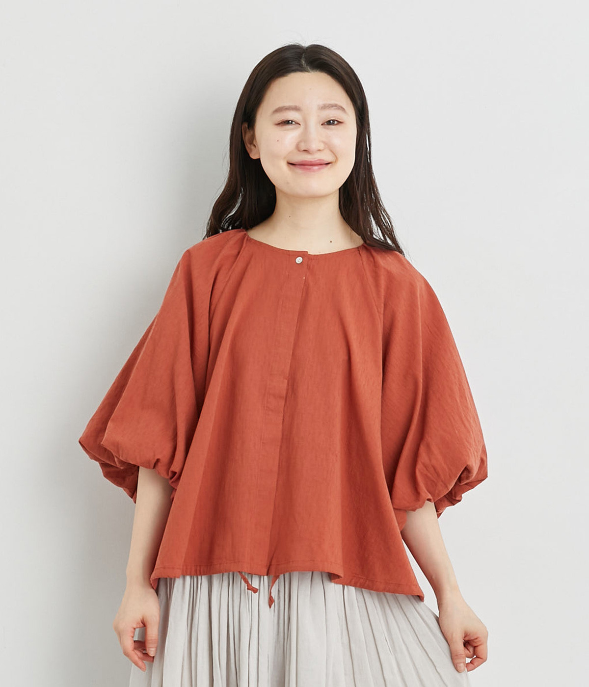 コットンレーヨン雨模様ドビー織ポワン袖ブラウス(レッド-ONESIZE)