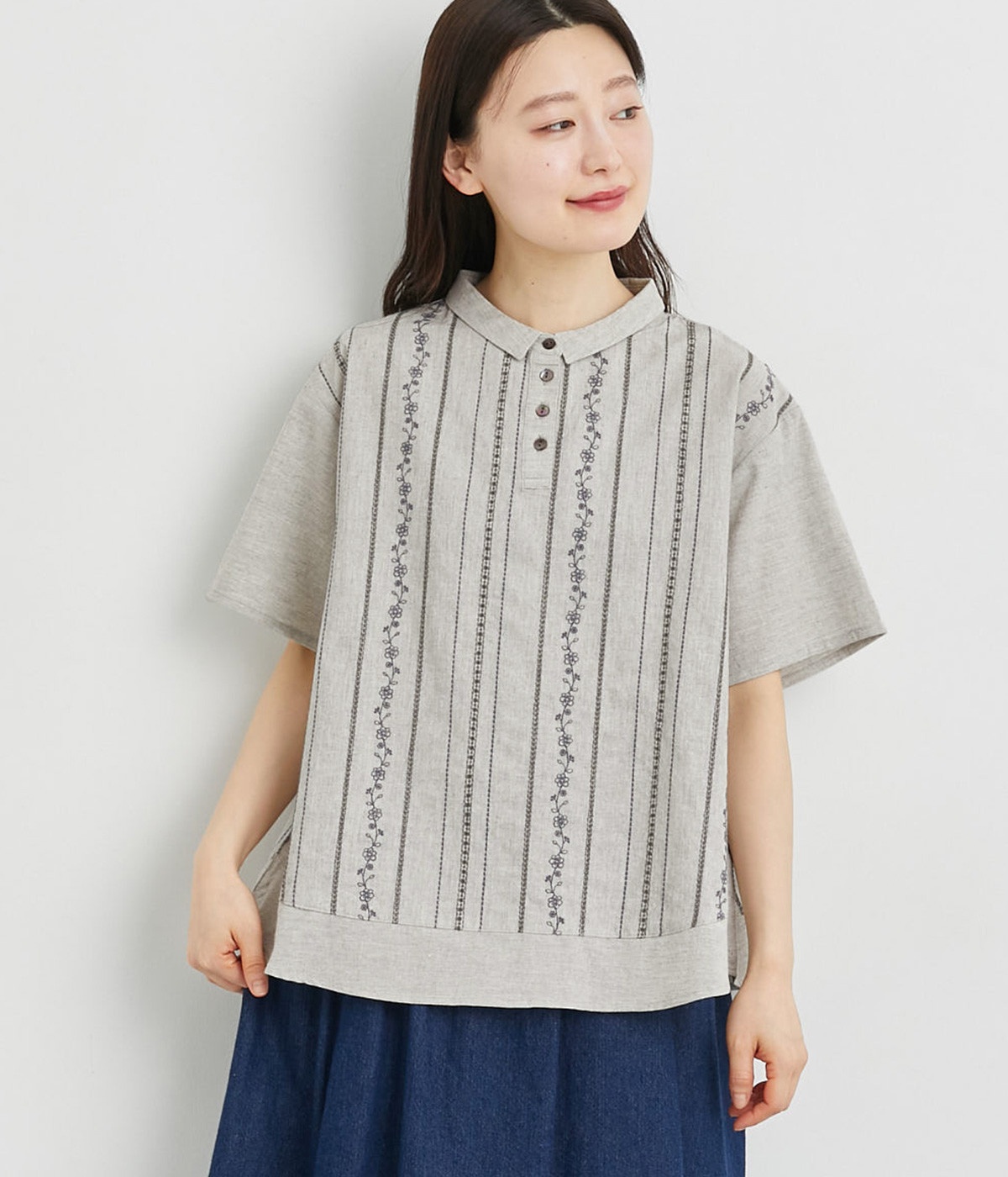 ダンガリー花ストライプ刺繍ブラウス(グレー-ONESIZE)