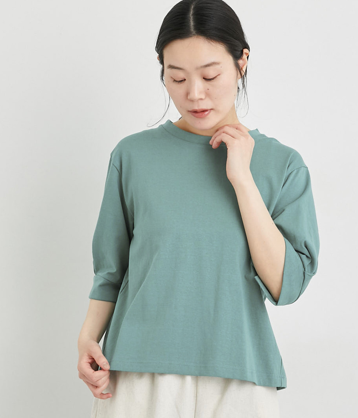 コットン天竺6分袖Tシャツ(グリーン-ONESIZE)