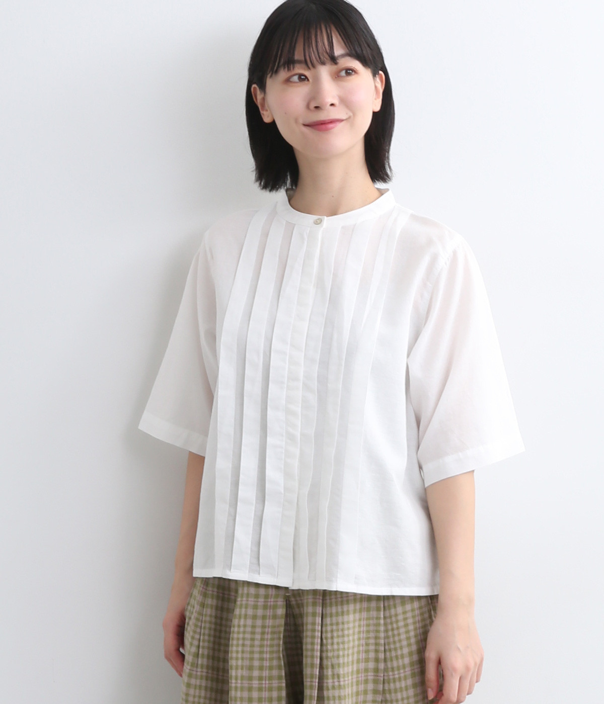 コットンリネンローン アシンメトリータックブラウス(オフホワイト-ONESIZE)