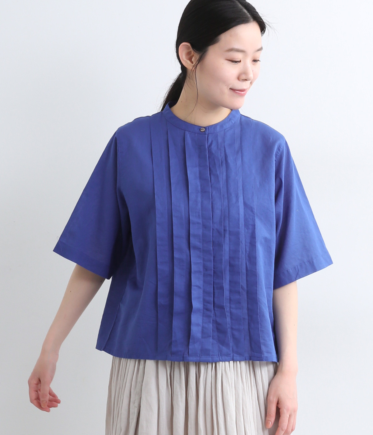 コットンリネンローン アシンメトリータックブラウス(ブルー-ONESIZE)