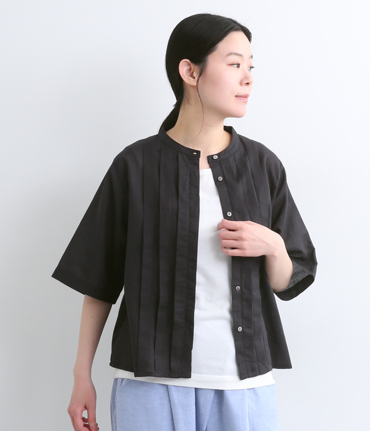 コットンリネンローン アシンメトリータックブラウス(ブラック-ONESIZE)