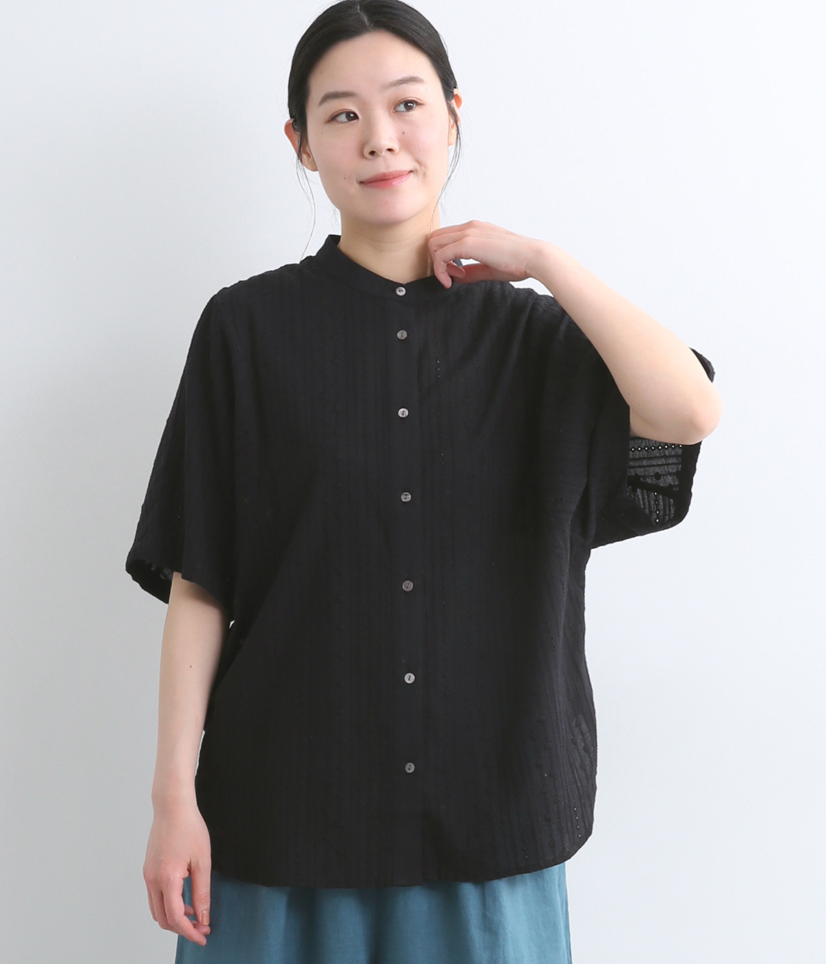 コットンストライプレースブラウス(ブラック-ONESIZE)