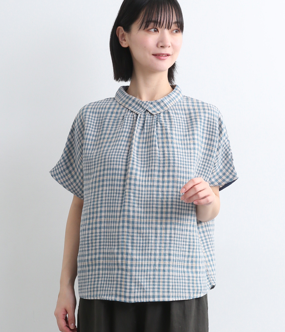 フレンチリネンチェックブラウス(サックス-ONESIZE)