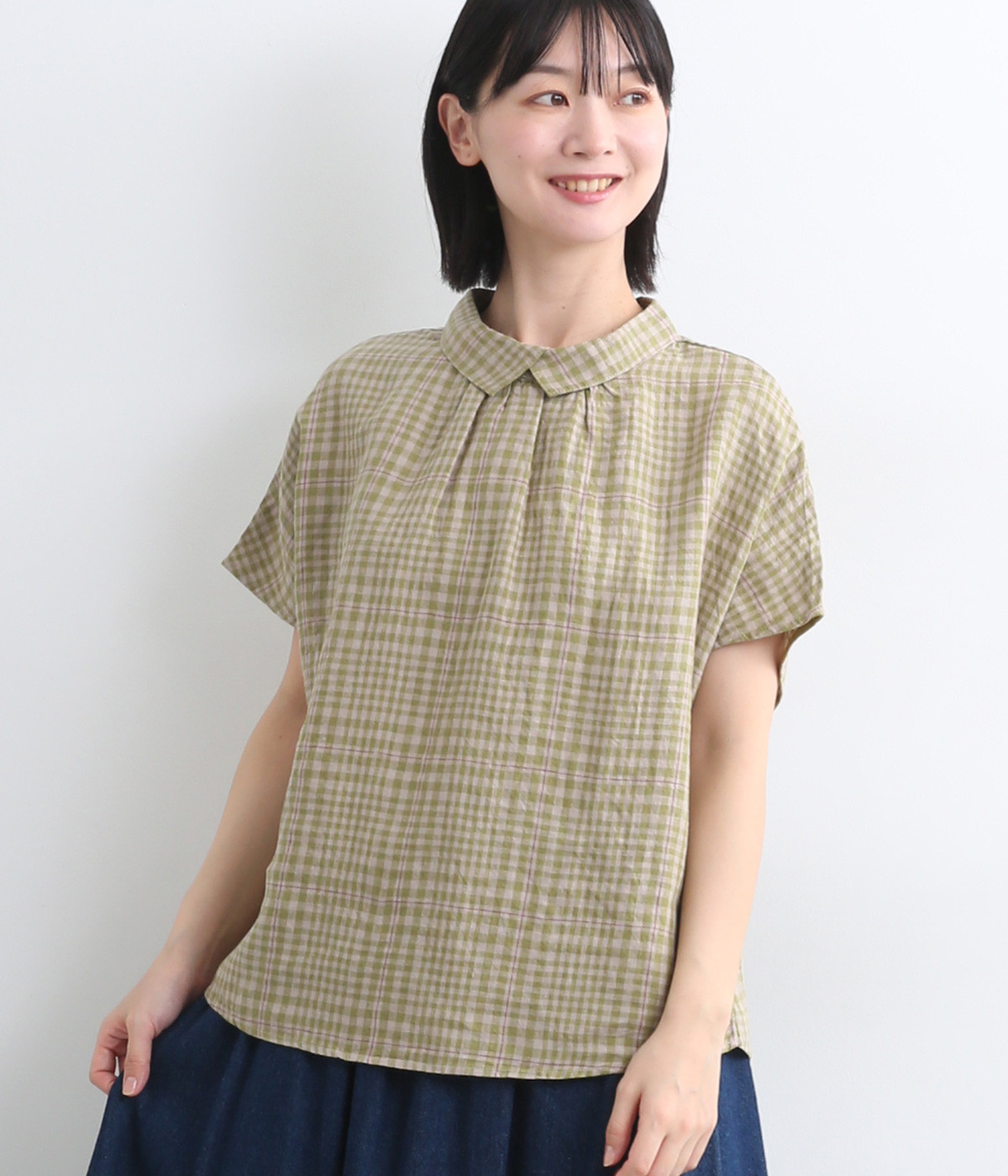 フレンチリネンチェックブラウス(グリーン-ONESIZE)