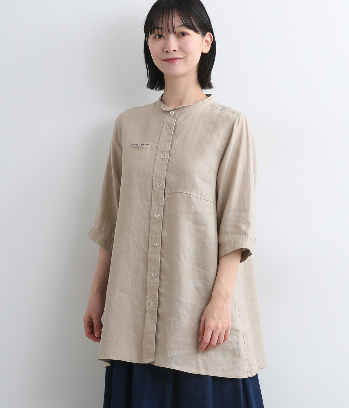 リネン平織5分袖シャツ(ベージュ-ONESIZE)