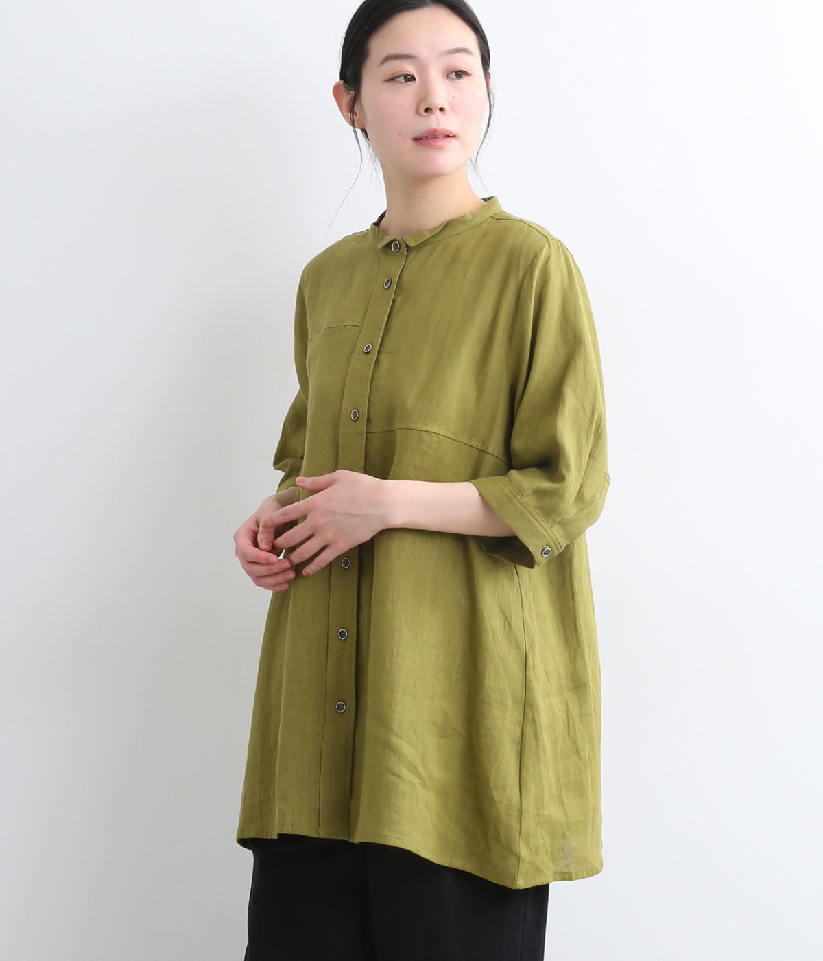 リネン平織5分袖シャツ(グリーン-ONESIZE)