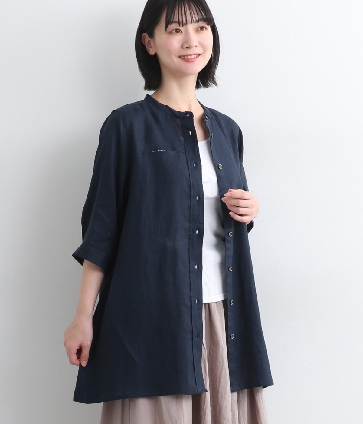 リネン平織5分袖シャツ(ネイビー-ONESIZE)