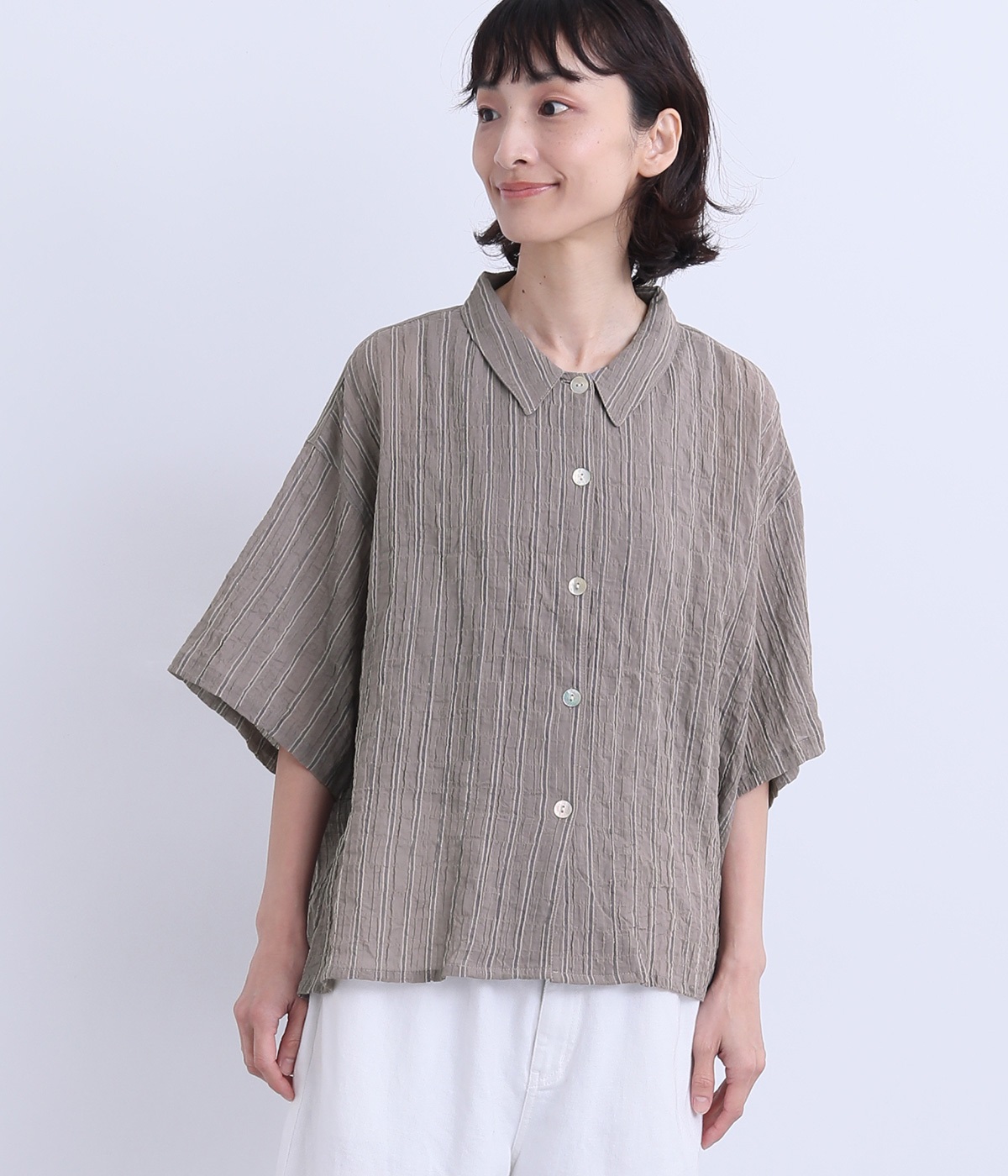 シャーリングストライプ6分袖ブラウス(チャコール-ONESIZE)