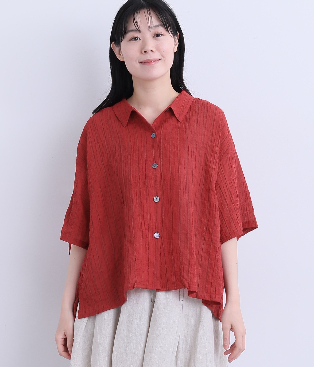 シャーリングストライプ6分袖ブラウス(レッド-ONESIZE)