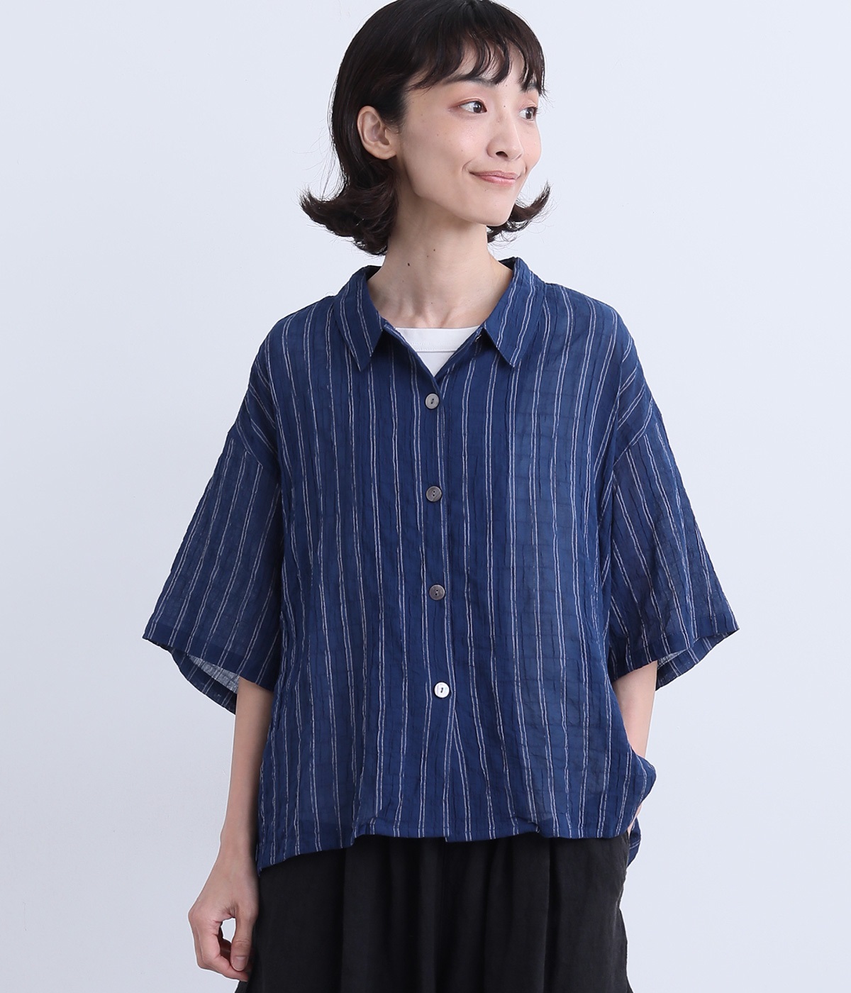 シャーリングストライプ6分袖ブラウス(ネイビー-ONESIZE)