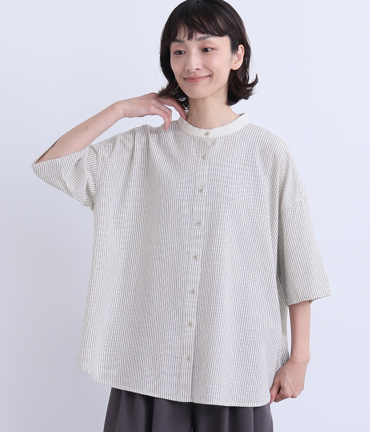 コットン混サッカーストライプブラウス(オフホワイト-ONESIZE)