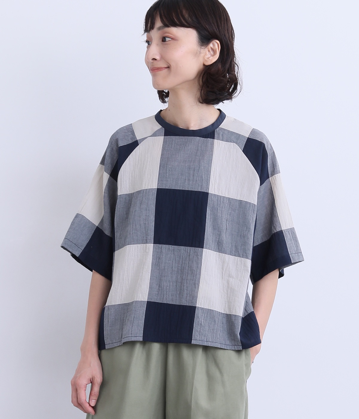 先染めシャーリングブロックチェックブラウス(ベージュ-ONESIZE)