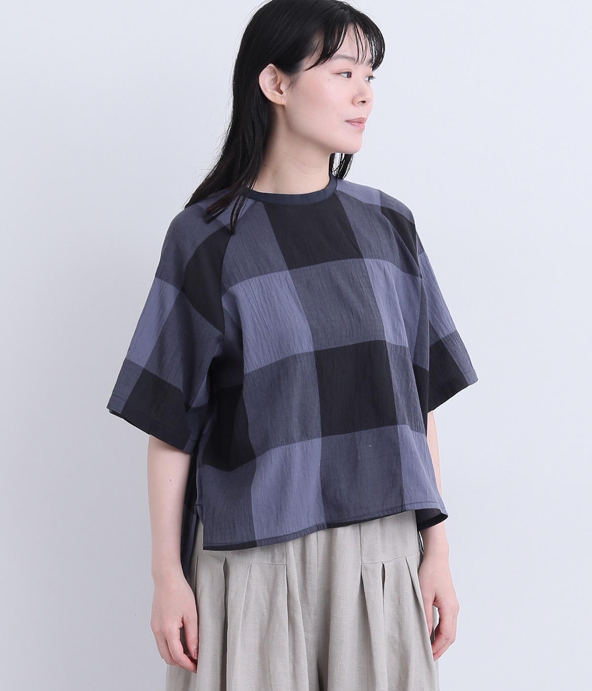 先染めシャーリングブロックチェックブラウス(チャコール-ONESIZE)