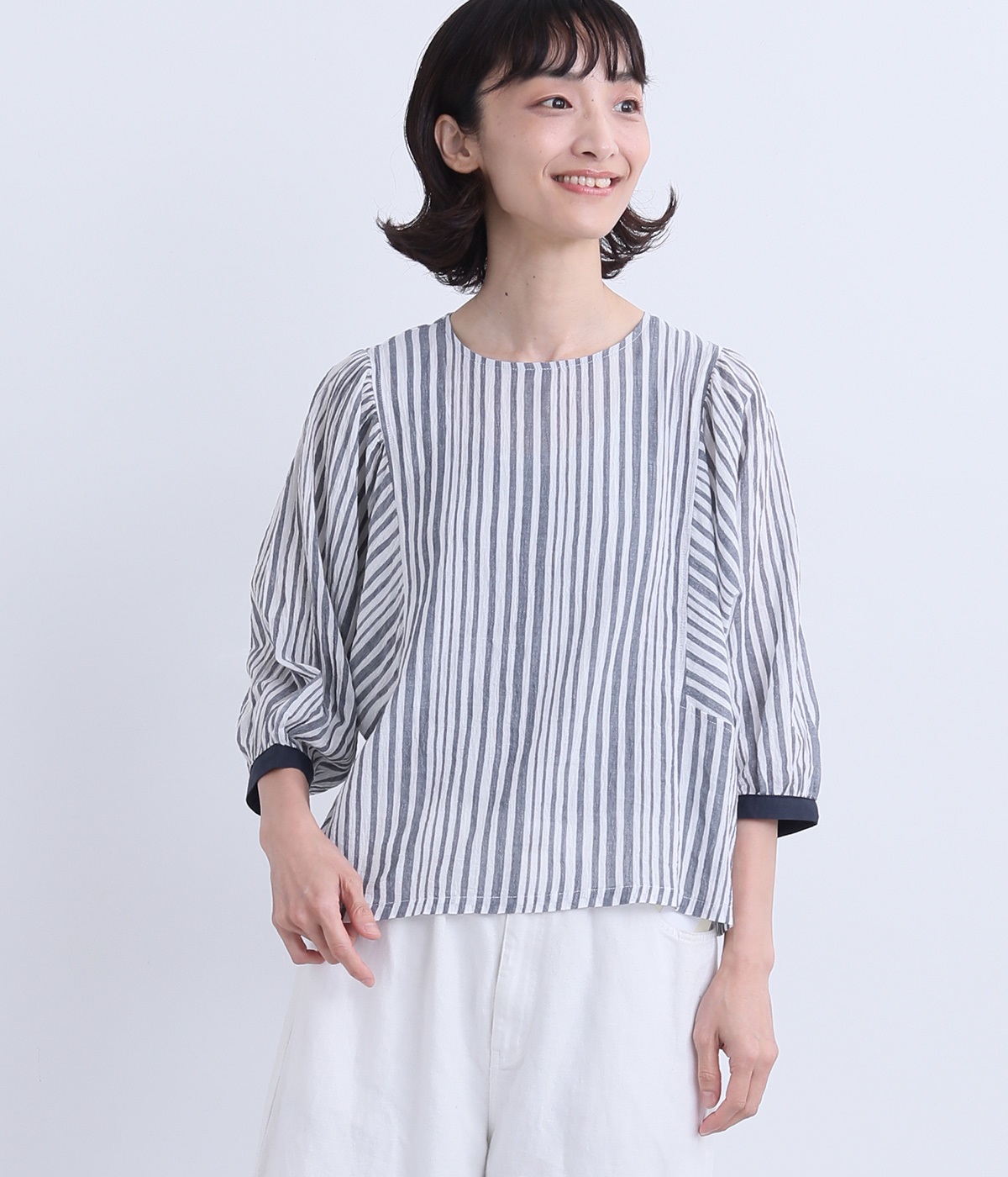 コットン混シャーリングランダムストライプ7分袖ブラウス(ネイビー-ONESIZE)
