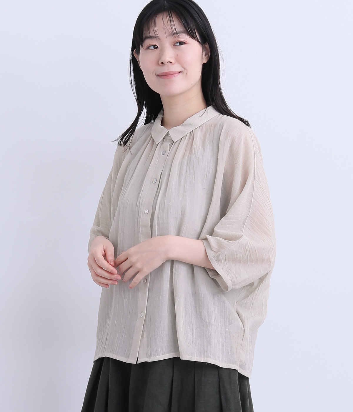 コットン混ガーゼシャンブレーブラウス(ベージュ-ONESIZE)