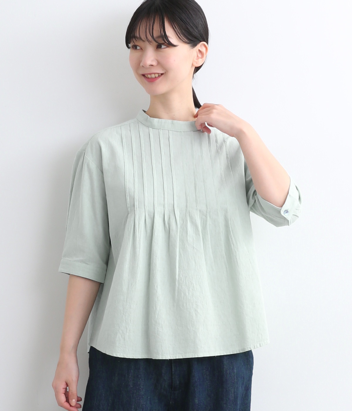 コットンレーヨン雨模様ドビー刺繍　タックブラウス(グリーン-ONESIZE)