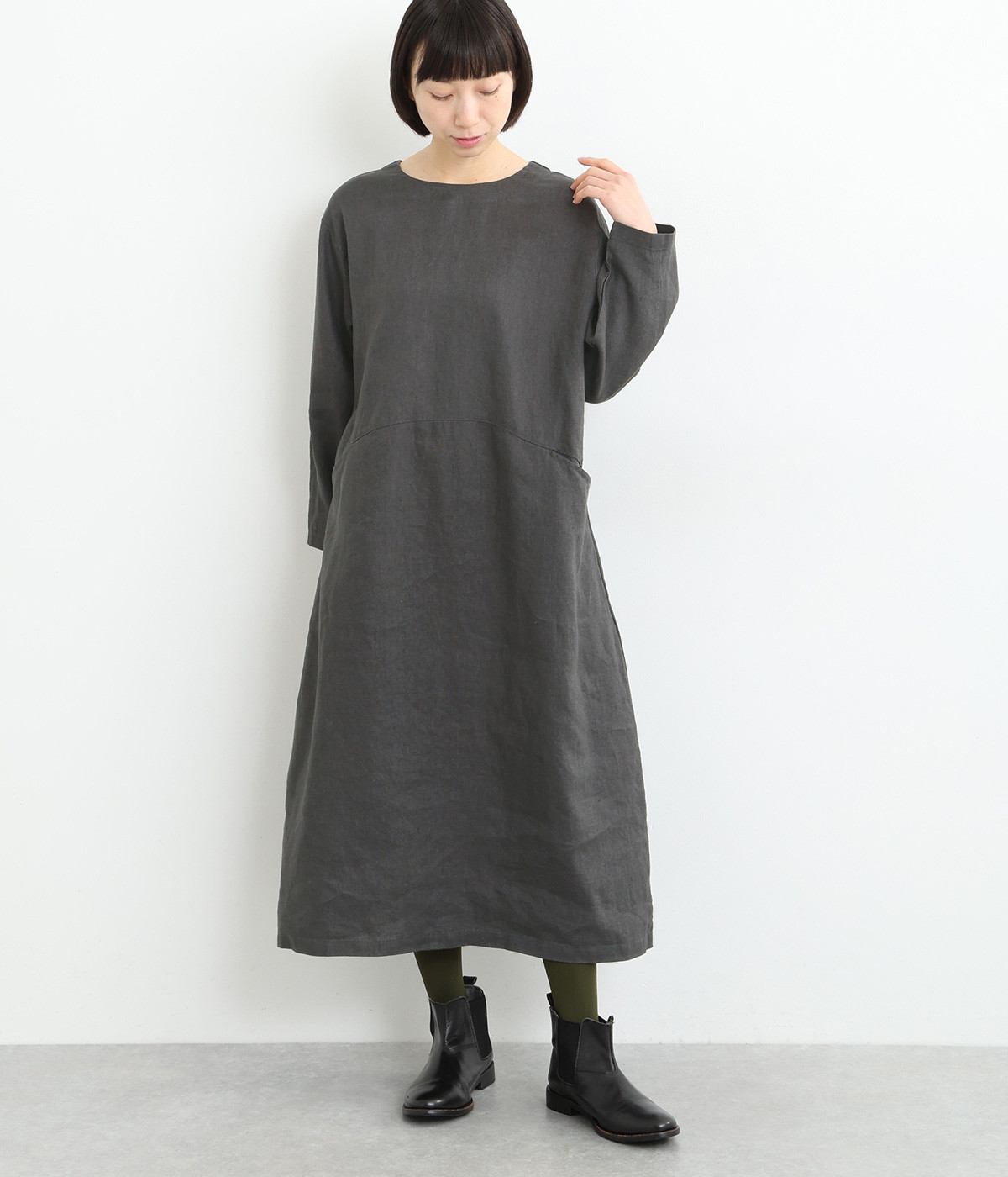 リネン平織りワンピース(チャコール-ONESIZE)