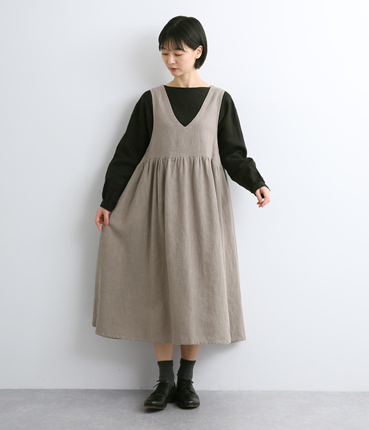リネンコットン平織ジャンパースカート(チャコール-ONESIZE)