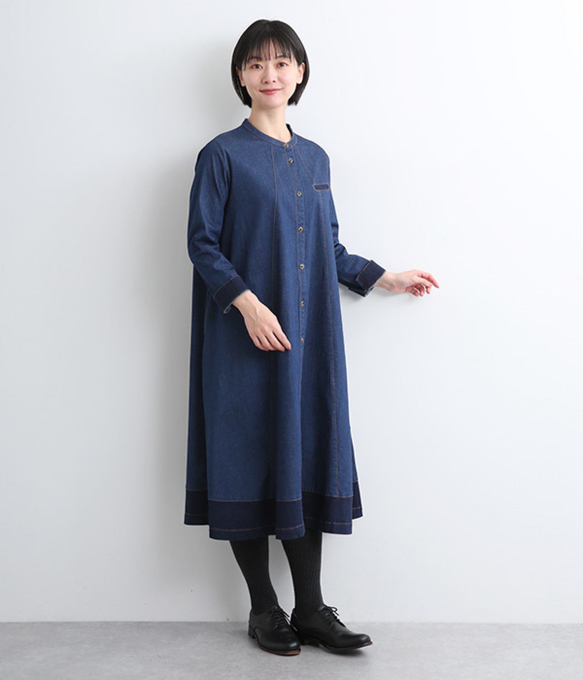 コットンストレッチデニムワンピース(ブルー-ONESIZE)