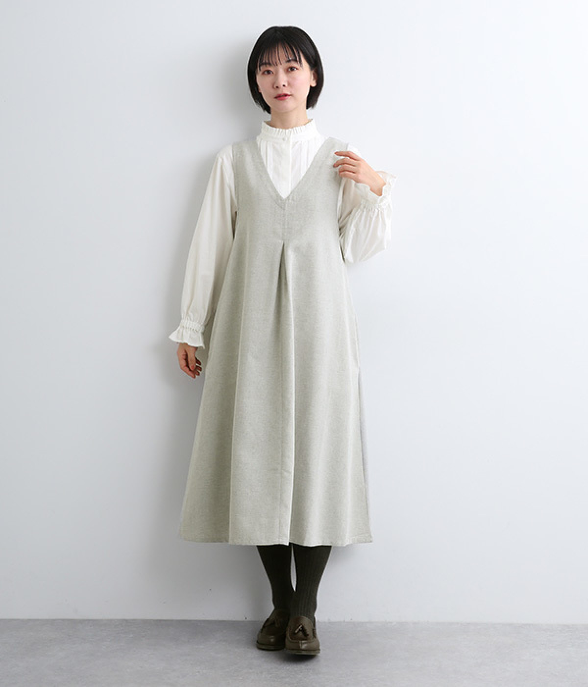 コットン混ヘリンボーン　ジャンパースカート(グレー-ONESIZE)