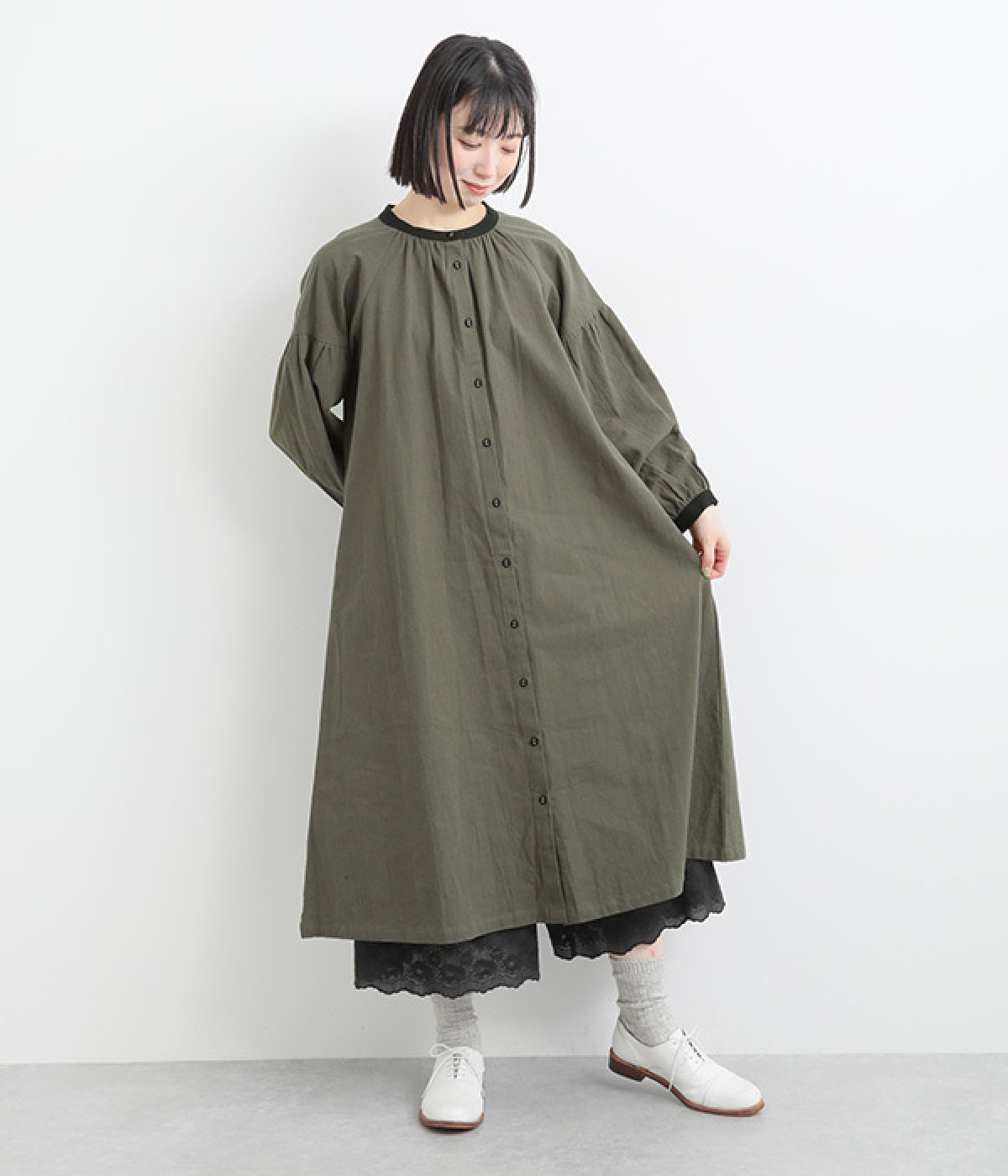 コットンリネン平織ワンピース(チャコール-ONESIZE)