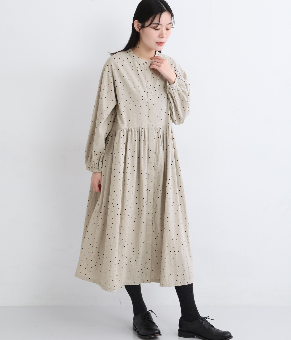 レーヨンコットン　ドットプリントワンピース(グレー-ONESIZE)