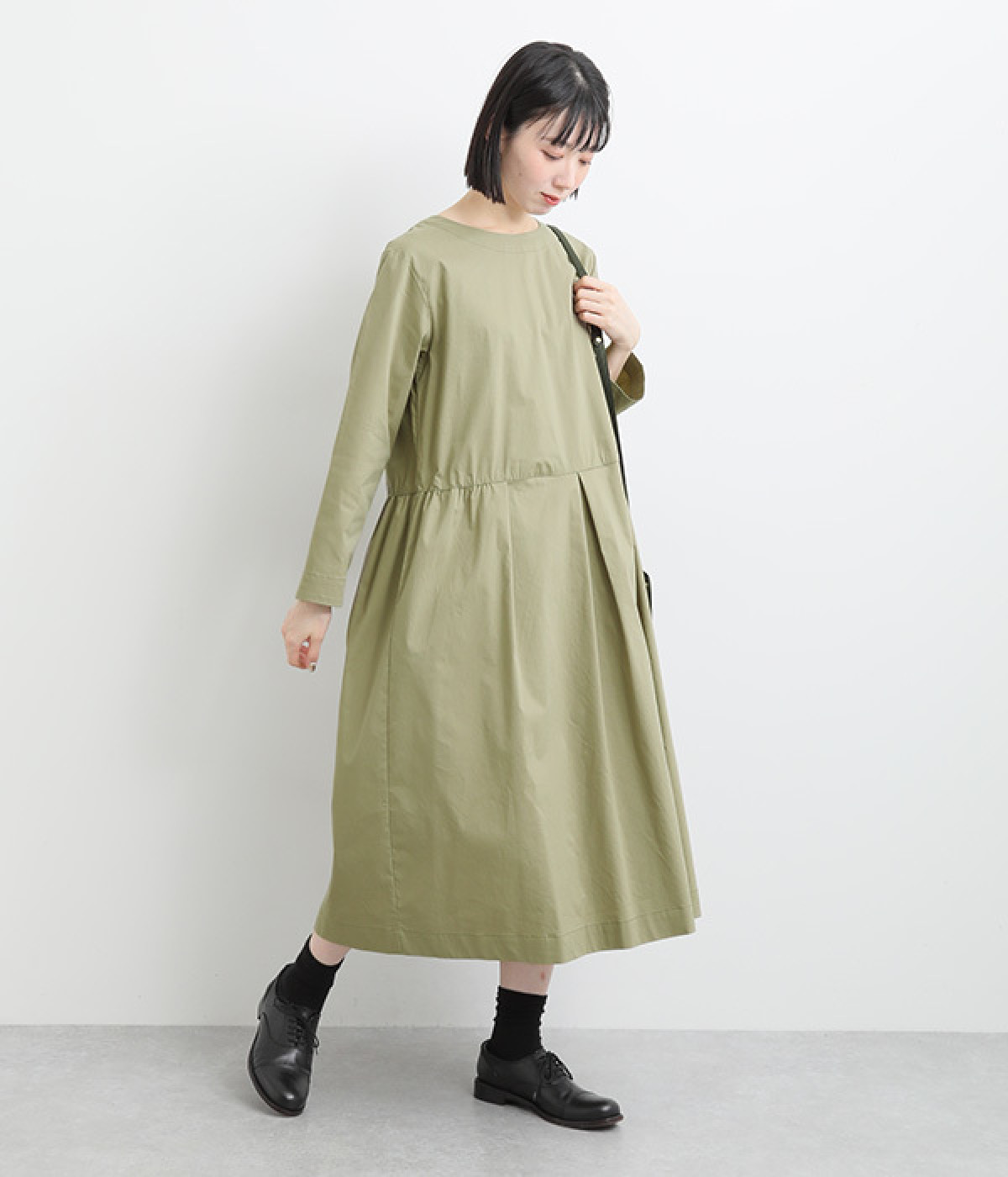 コットン混サテンワンピース(カーキ-ONESIZE)