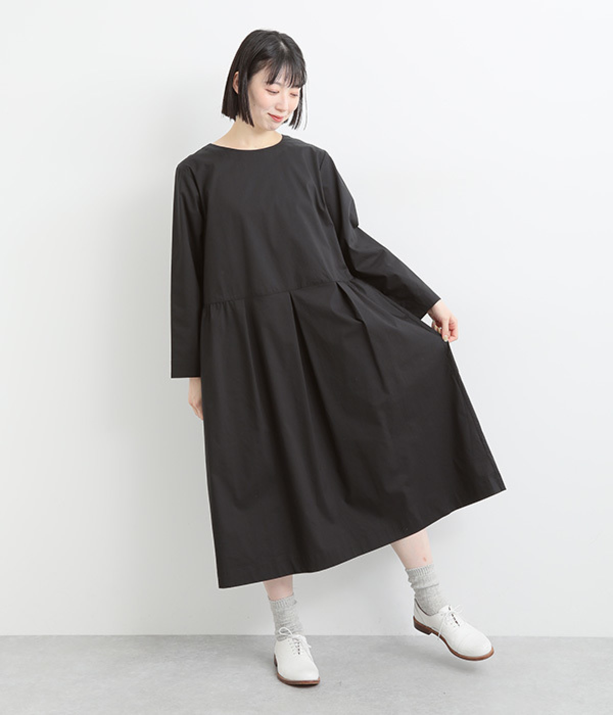 コットン混サテンワンピース(ブラック-ONESIZE)