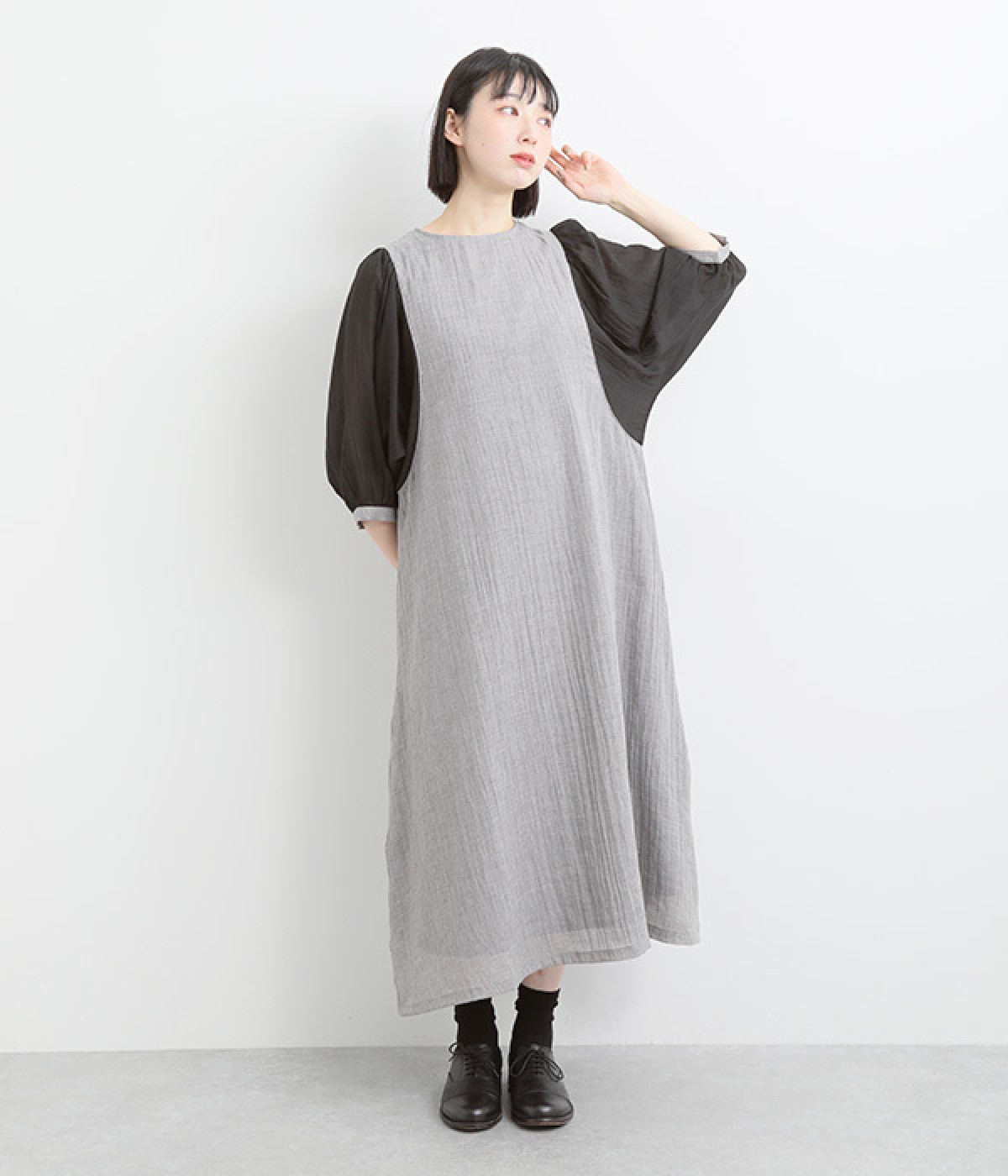 コットン混ガーゼシャンブレーワンピース(グレー-ONESIZE)