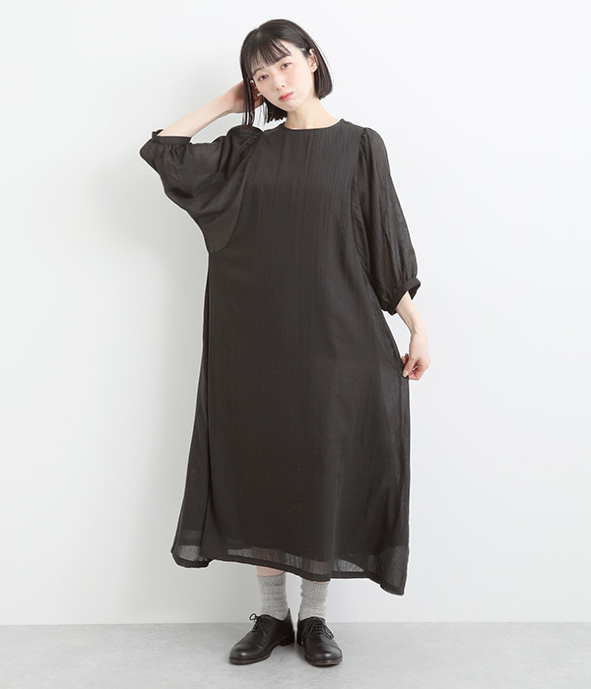 コットン混ガーゼシャンブレーワンピース(ブラック-ONESIZE)