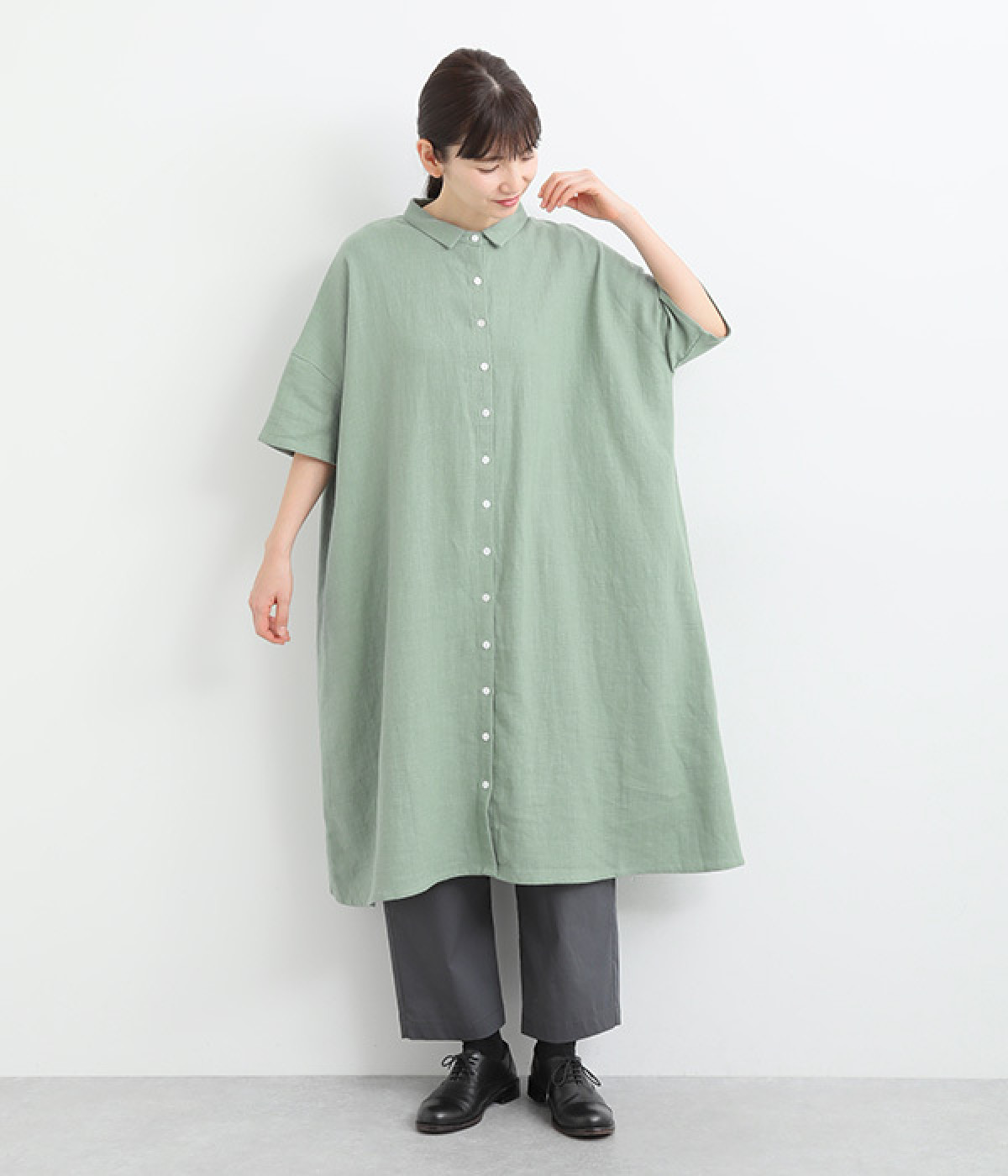 リネン混スラブ平織ワンピース(グリーン-ONESIZE)