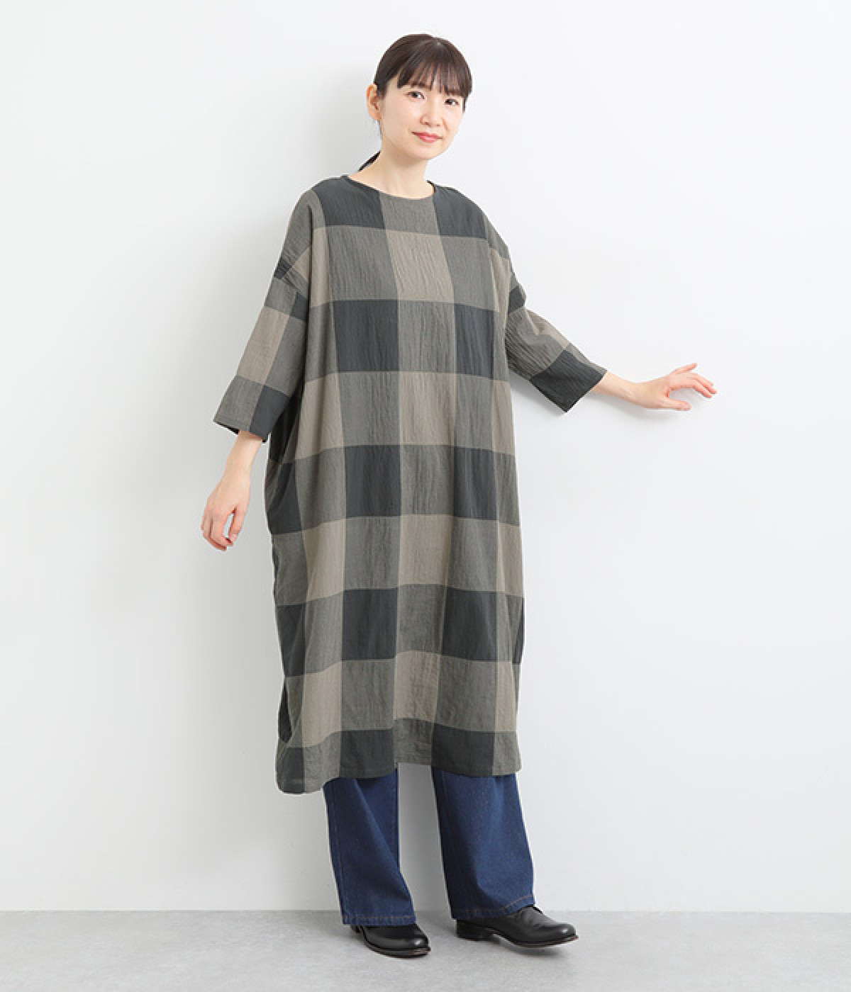 コットン混シャーリング　ブロックチェックワンピース(チャコール-ONESIZE)