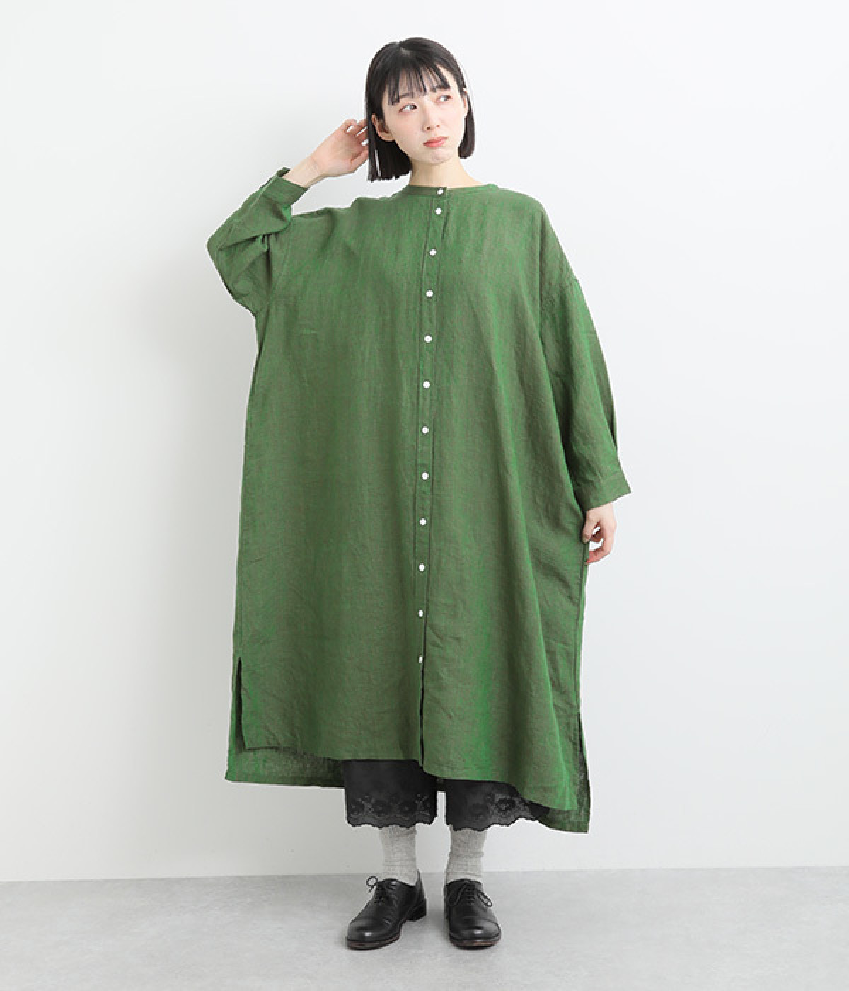 フレンチリネンシャンブレーワンピース(グリーン-ONESIZE)