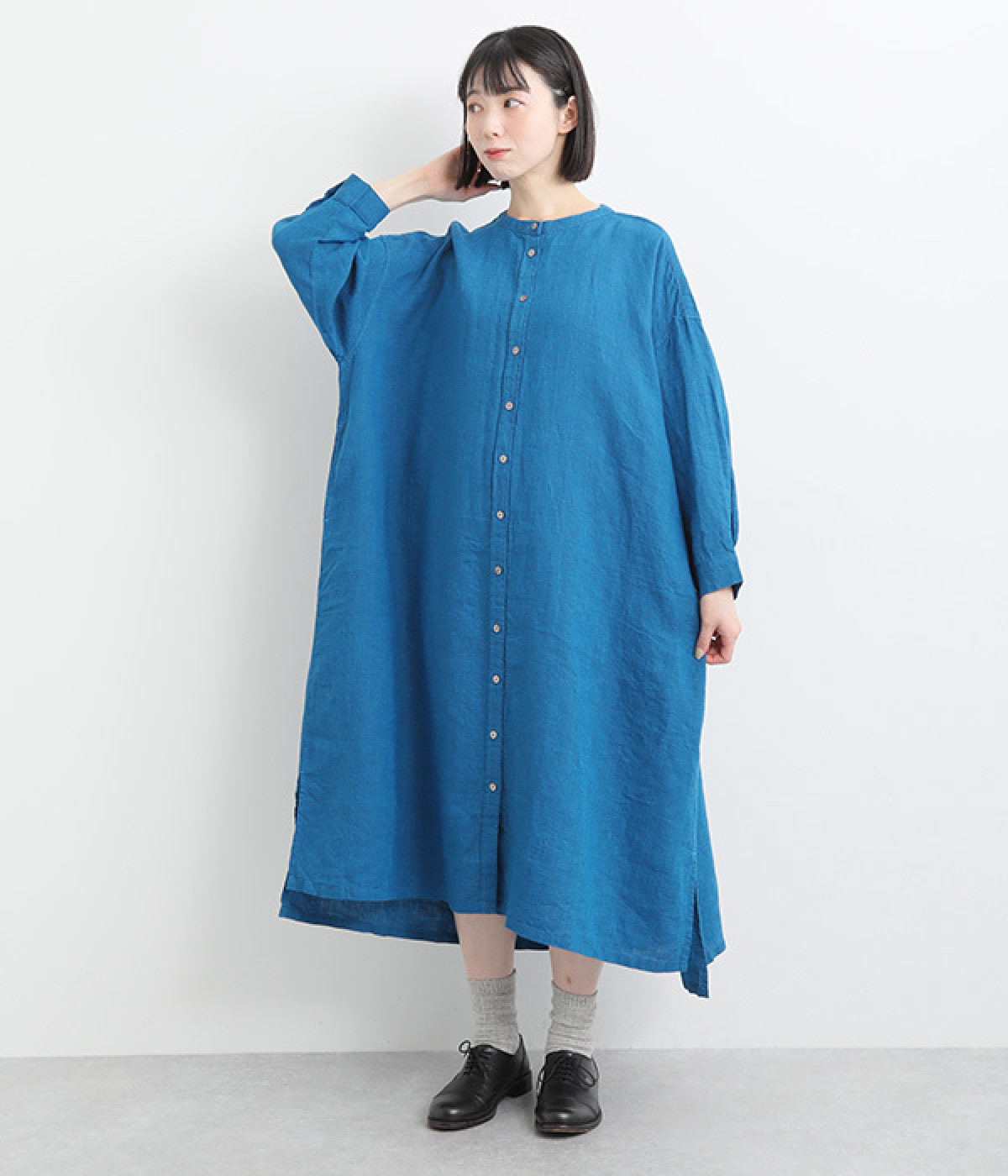 フレンチリネンシャンブレーワンピース(ブルー-ONESIZE)