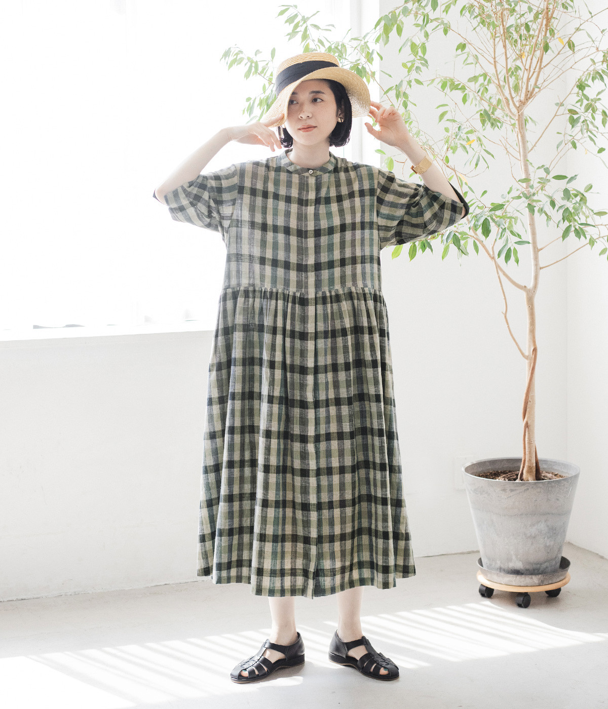 別注｜コットンリネン先染めチェック　袖配色ギャザーワンピース(グリーン-ONESIZE)