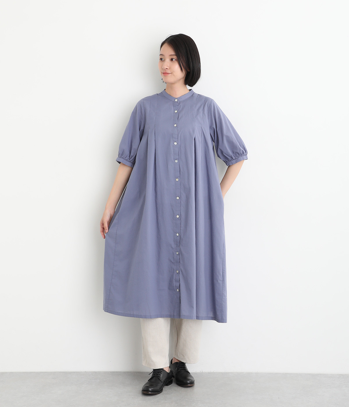 コットンローン　タックワンピース(ブルー-ONESIZE)