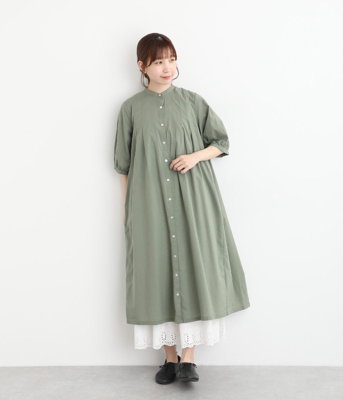 コットンローン　タックワンピース(グリーン-ONESIZE)