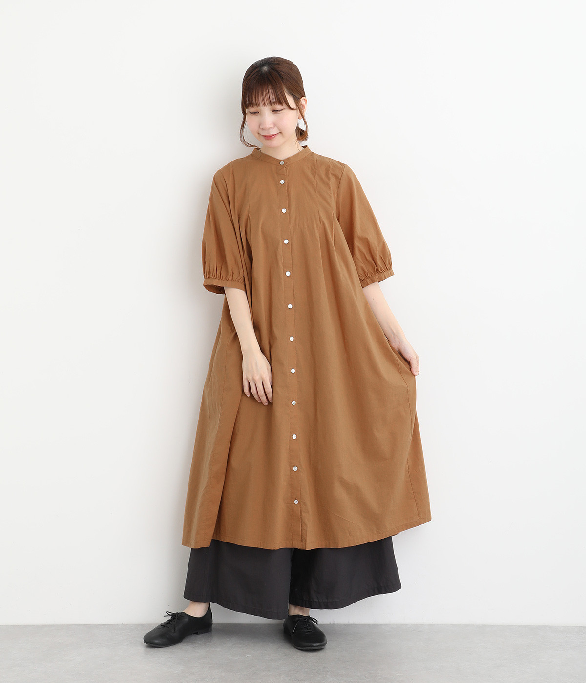 コットンローン　タックワンピース(キャメル-ONESIZE)