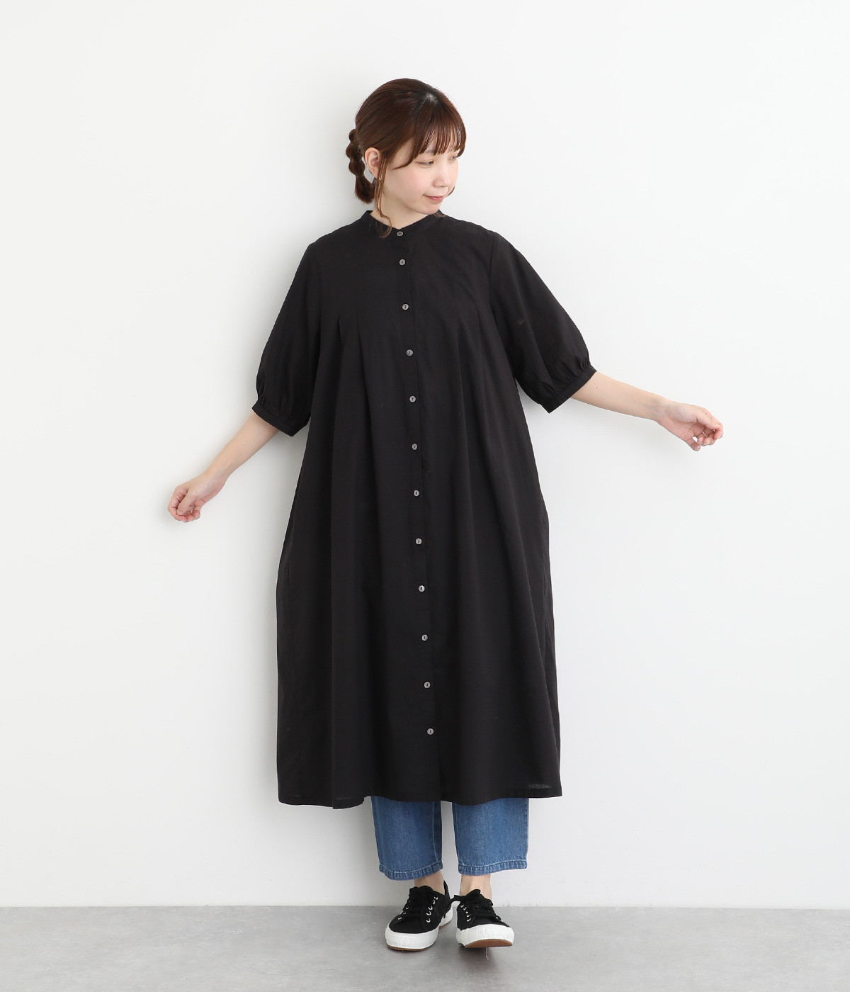 コットンローン　タックワンピース(ブラック-ONESIZE)
