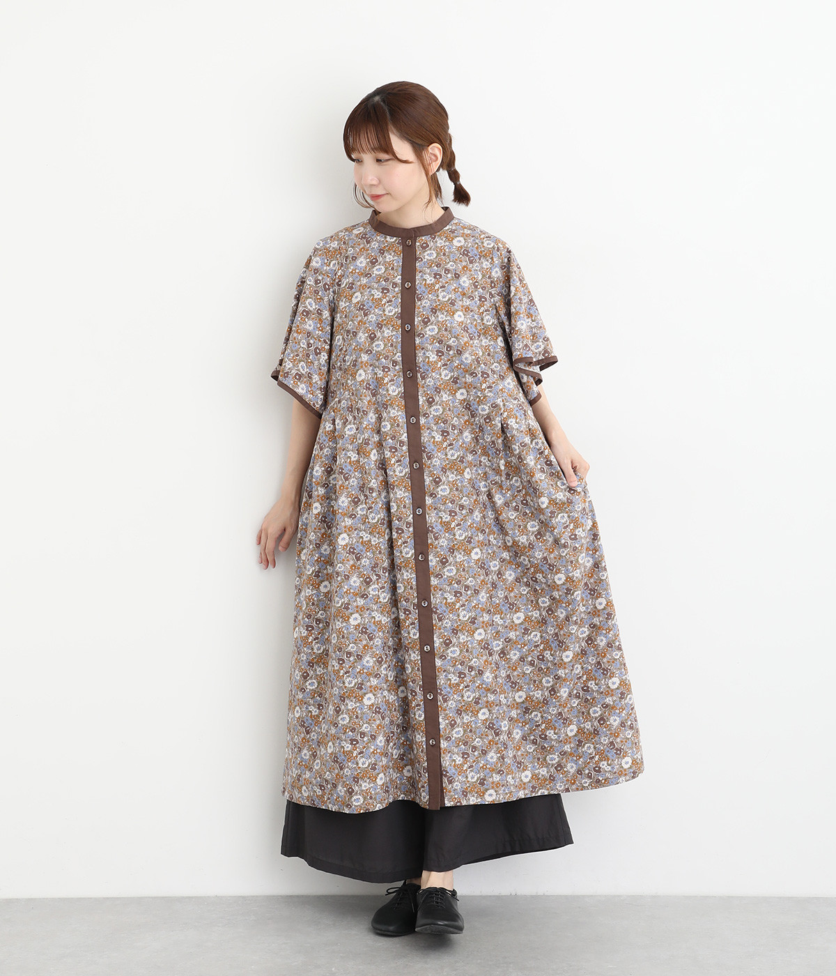 アソート花柄プリント　フレア袖ワンピース(モカ-ONESIZE)