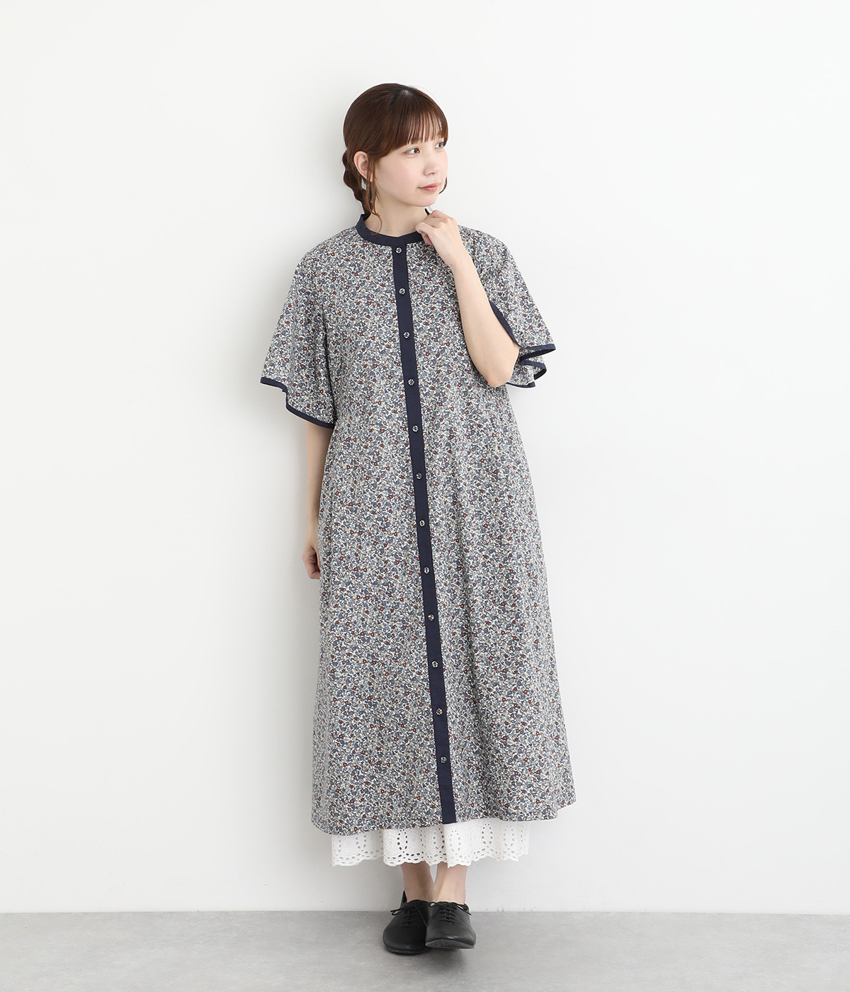 アソート花柄プリント　フレア袖ワンピース(ネイビー-ONESIZE)