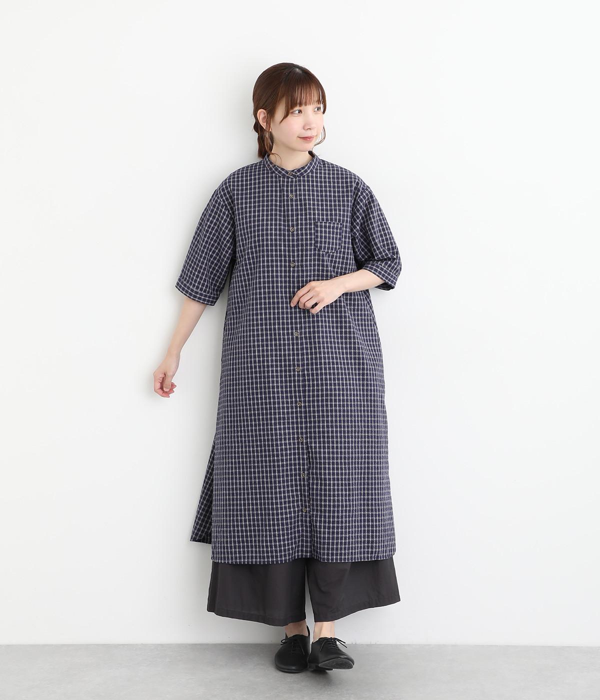 コットン混サッカーチェックワンピース(ネイビー-ONESIZE)