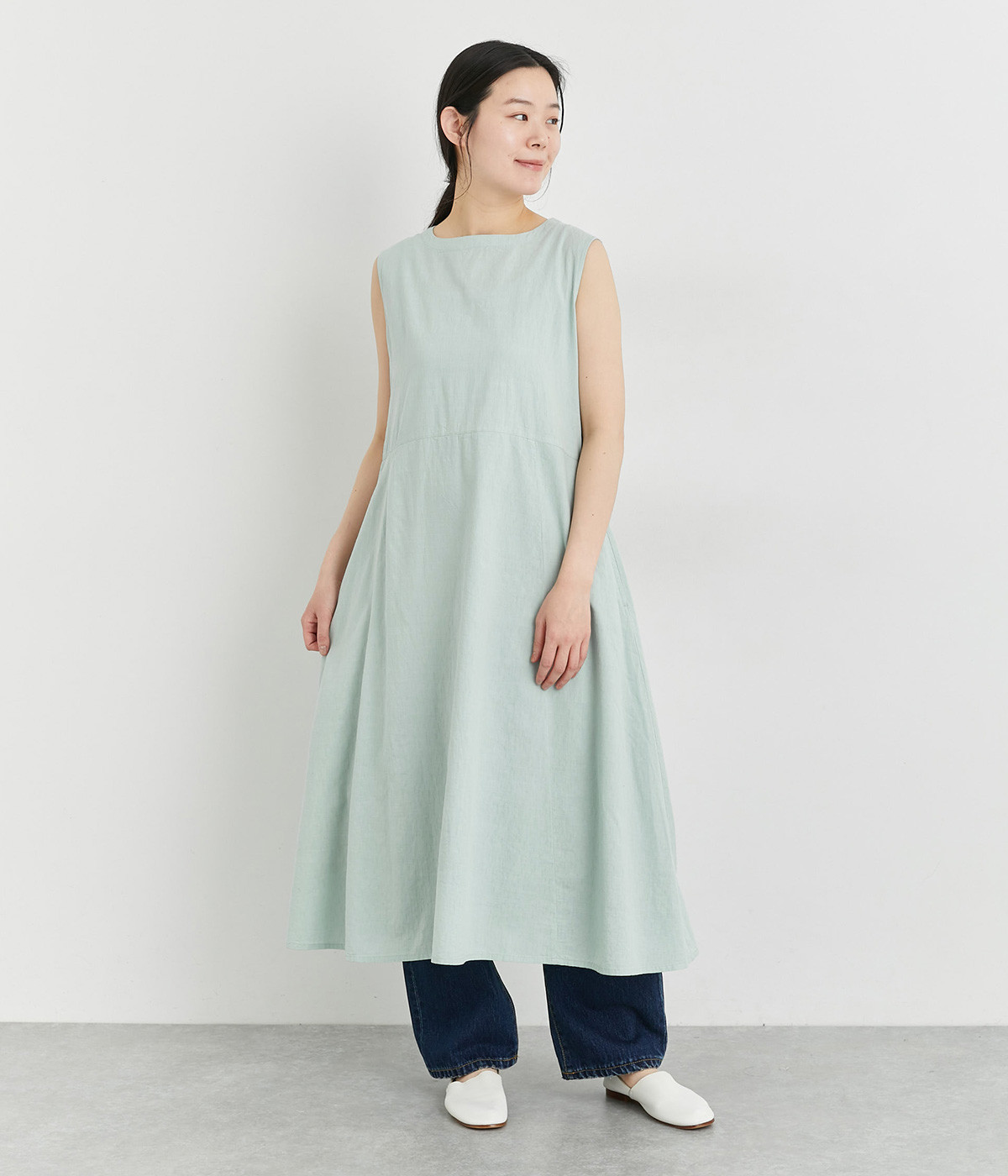 コットンレーヨン雨模様ドビー織ワンピース(ミント-ONESIZE)