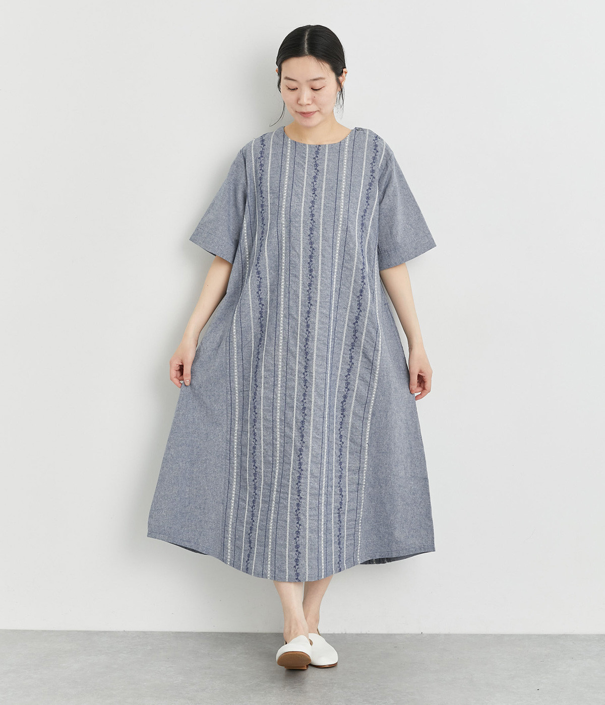 ダンガリー花ストライプ刺繍ワンピース(ネイビー-ONESIZE)