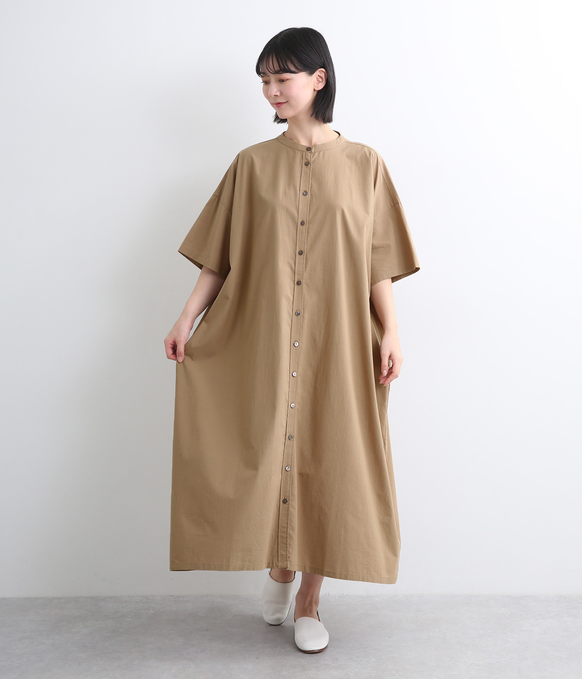 コットンレーヨン平織ワイドワンピース(ベージュ-ONESIZE)