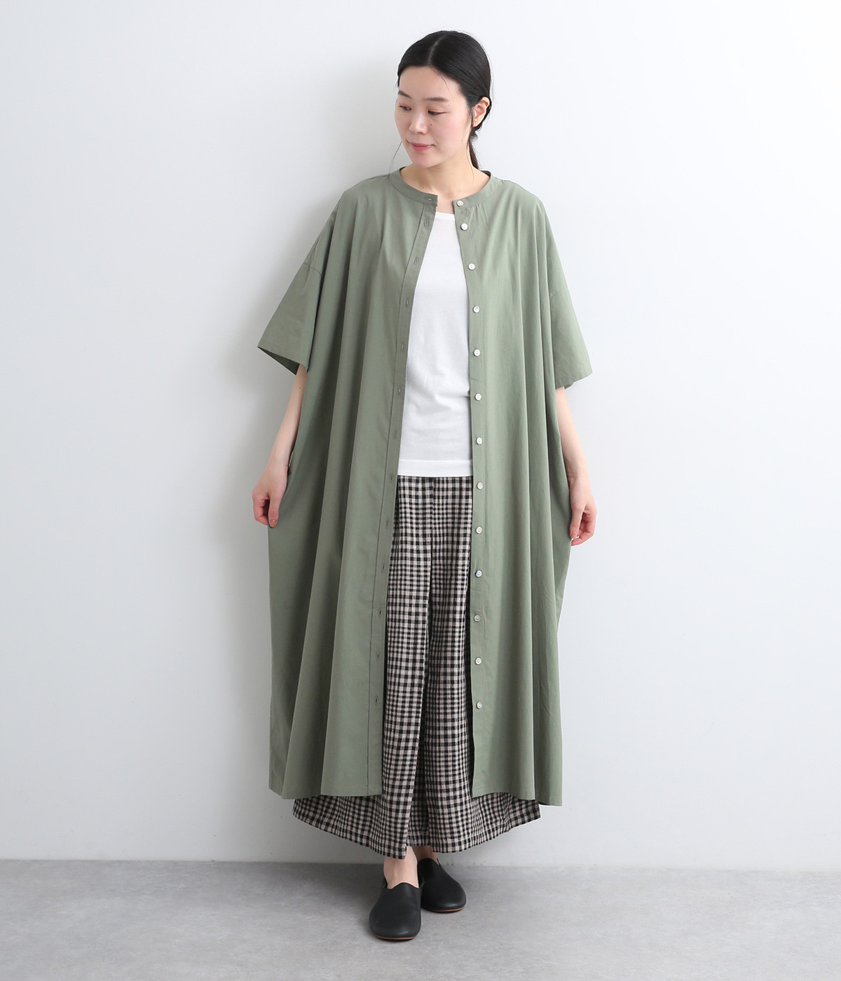 コットンレーヨン平織ワイドワンピース(カーキ-ONESIZE)
